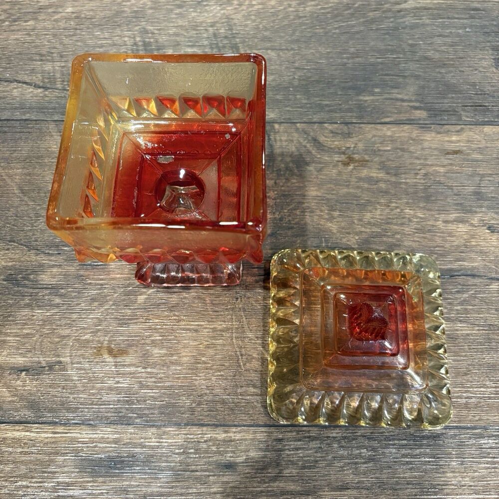 Vintage Amberina Glass Covered Pedestal Square Wedding Box Candy / Trinket Dish - Picture 6 of 8